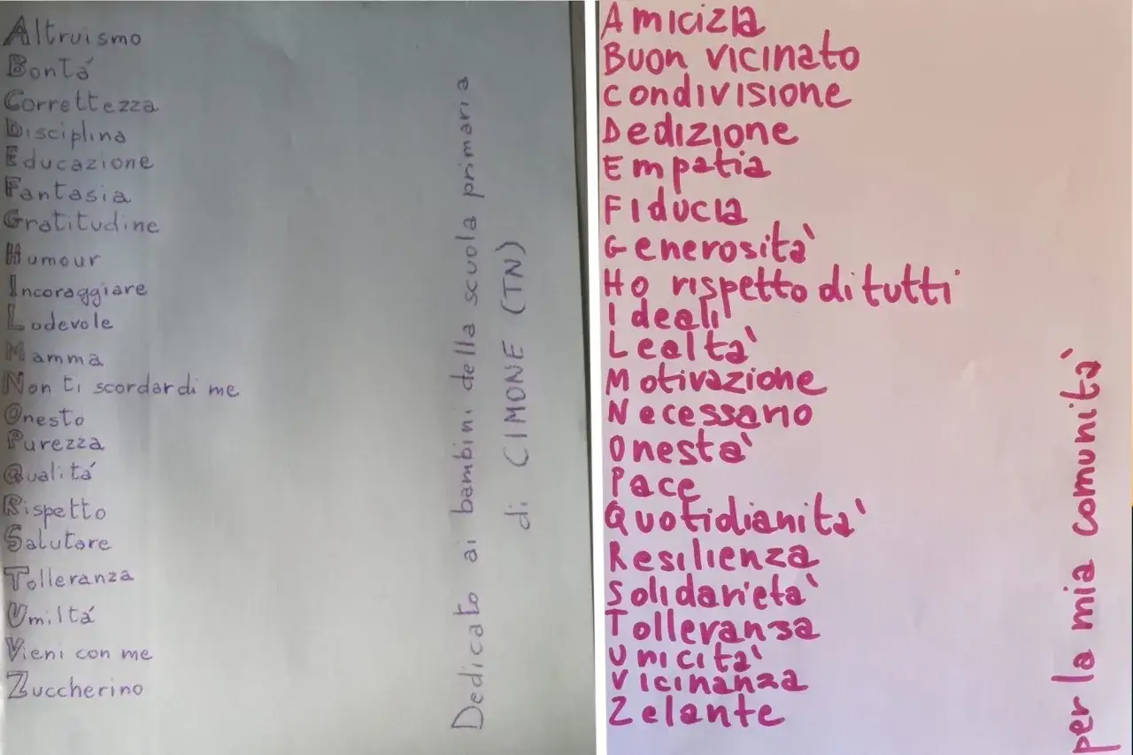 Il sacco delle parole gentili: elenchi di valori scritti a mano, dedicati ai bambini della scuola primaria di Cimone (TN) e per la comunit&agrave;.