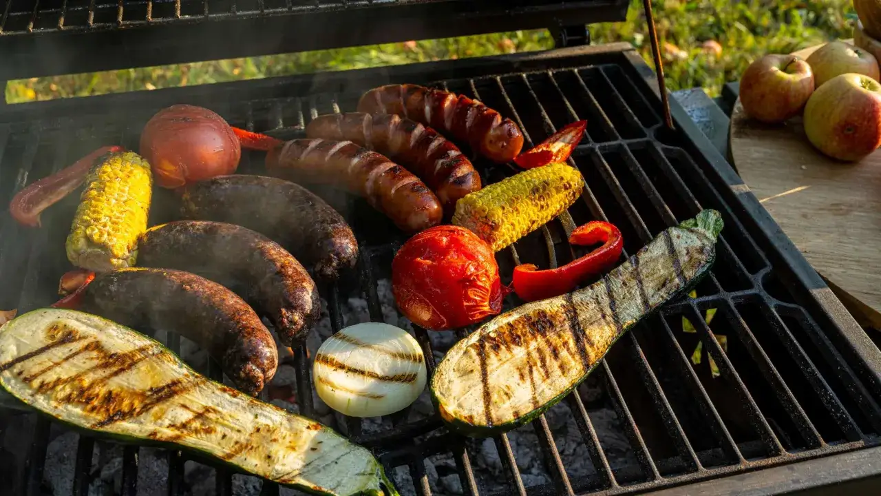 W&uuml;rstchen, Maiskolben, Zucchini, Tomaten und Paprika brutzeln auf dem Grill. Tolle Grillen Ideen einfach f&uuml;r einen Sommerabend.