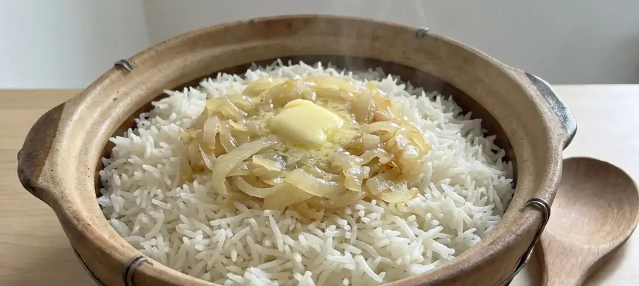 Ged&auml;mpfter Reis in einem Tontopf, gekr&ouml;nt mit karamellisierten Zwiebeln und einem St&uuml;ck Butter. Perfekt, um Reis vor dem Kochen anzubraten.