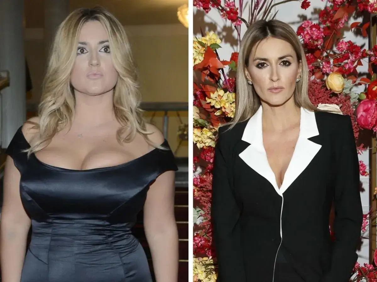 Karolina Szostak znowu przytyła, prezentując się w czarnej sukni po lewej i eleganckim czarnym żakiecie po prawej, na tle kwiatów.