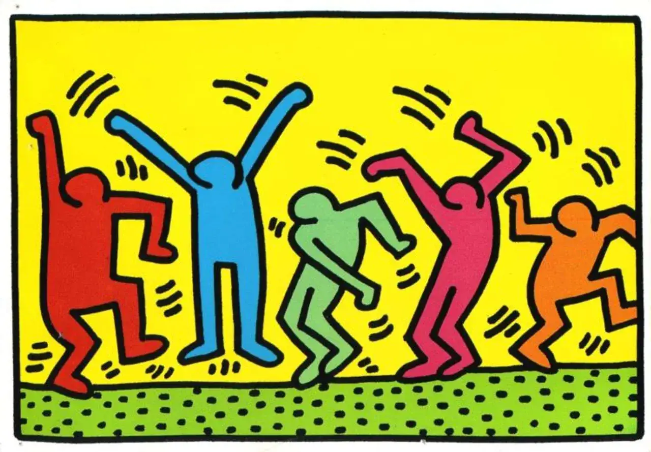Cinq personnages de style Keith Haring dansent joyeusement sur un fond jaune vif, avec des lignes sugg&eacute;rant le mouvement.