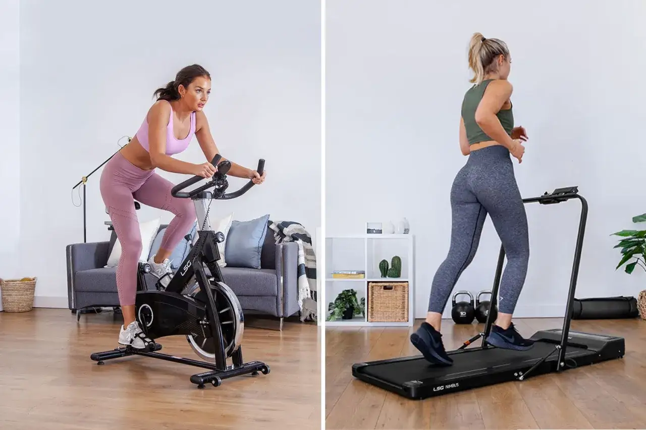 A woman cycles on a stationary bike while another runs on an incline treadmill, showcasing different home workout options.