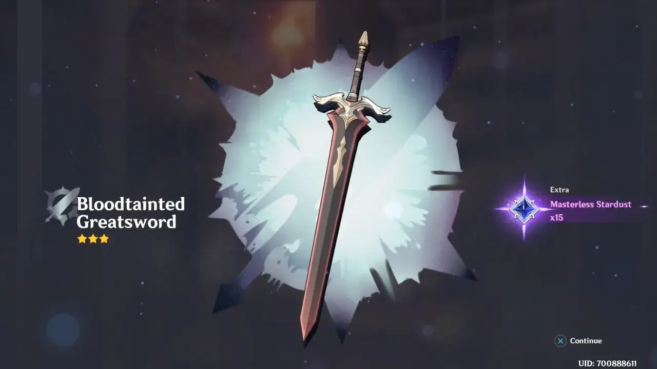 Wynik z Genshin Impact Banners: Bloodtainted Greatsword i 15 Masterless Stardust.