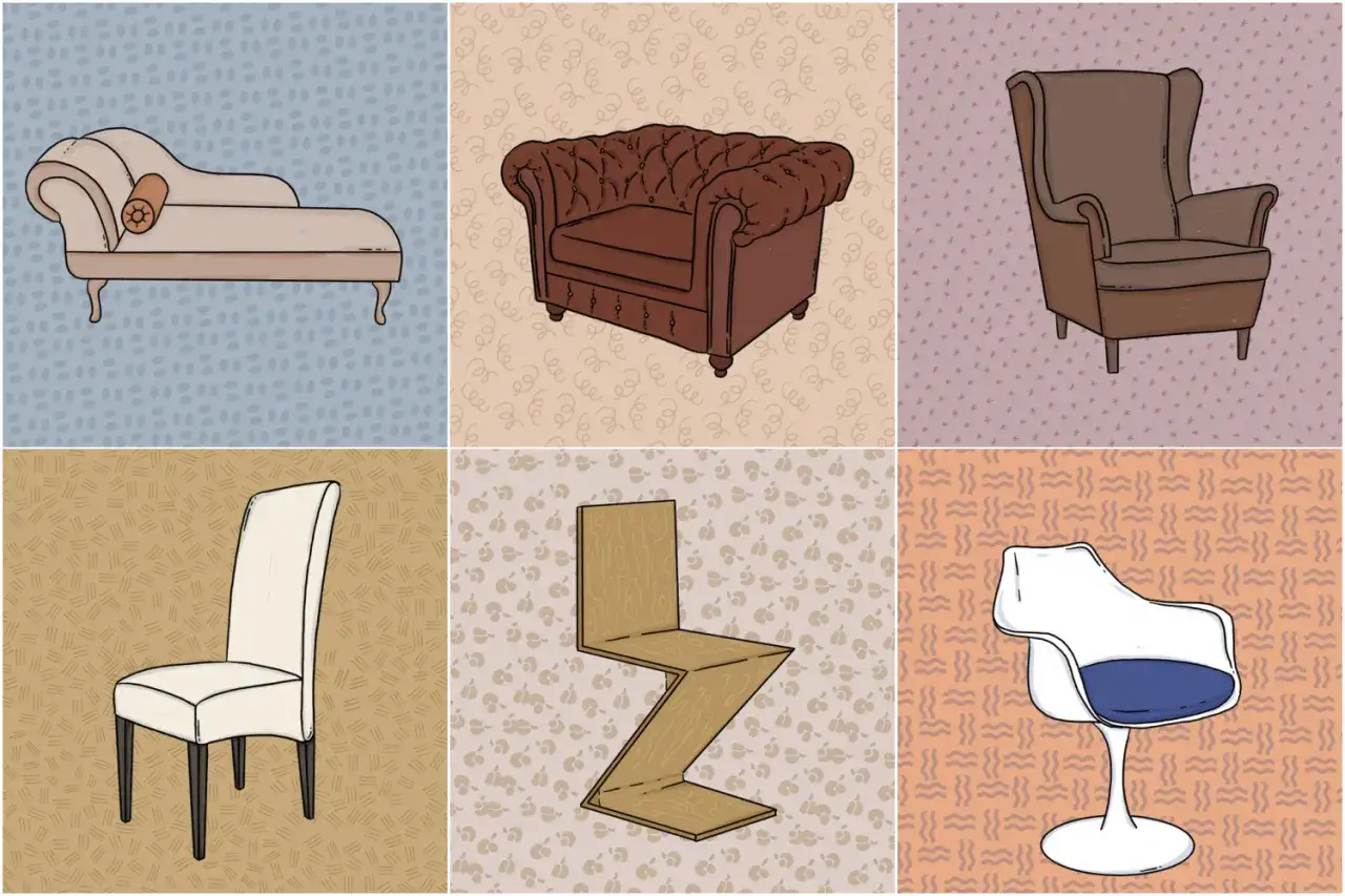 A collage showcasing diverse chair styles: a chaise lounge, a Chesterfield, a wingback, a dining chair, a zig-zag chair, and a modern molded chair.