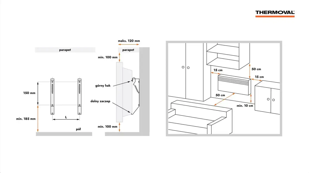 Schemat montażu grzejnika konwekcyjnego. Wymiary instalacji nad parapetem i obok mebli.