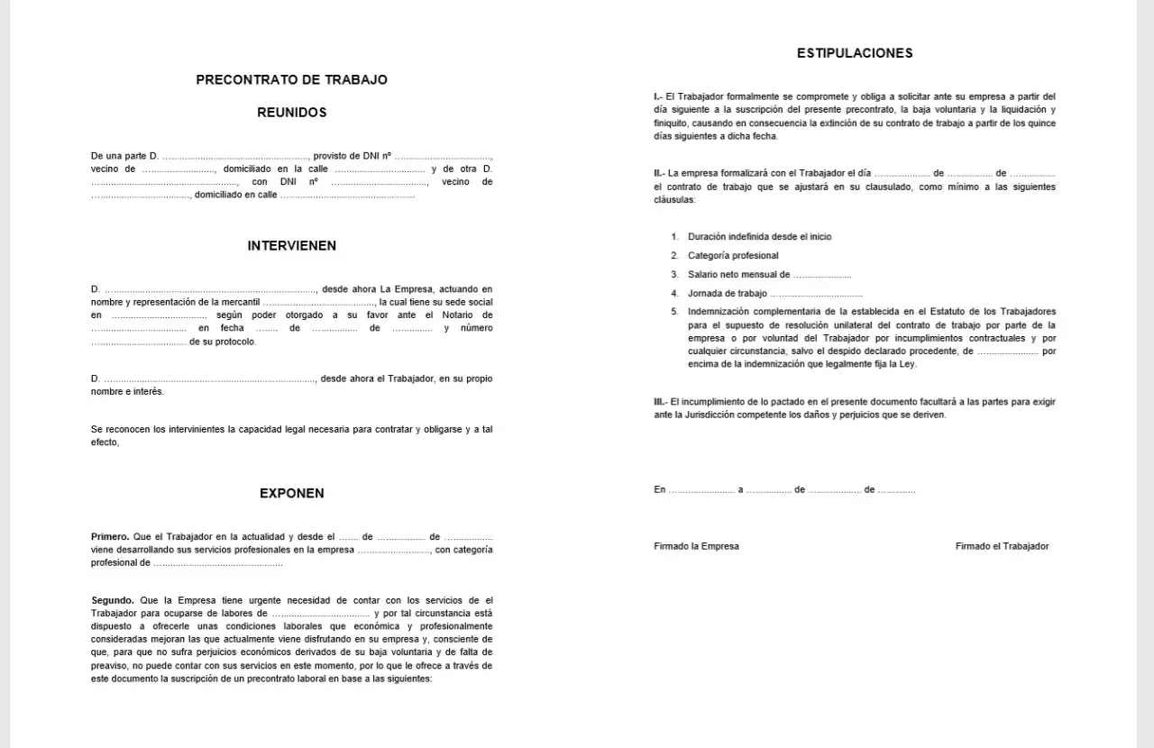 Documento que detalla un precontrato de trabajo, estableciendo las condiciones y compromisos entre empleador y empleado antes de la formalización del contrato laboral.