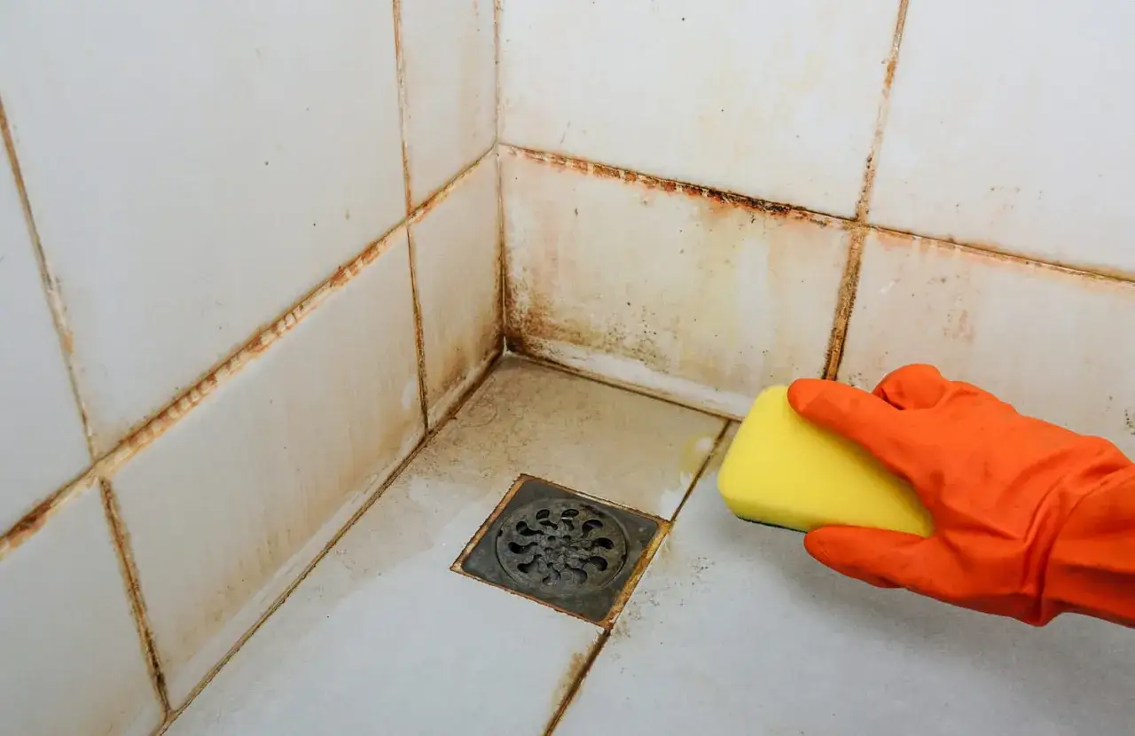 Main d'une personne portant un gant orange, utilisant une éponge jaune pour nettoyer le carrelage de la salle de bain, taché de moisissure et de calcaire.