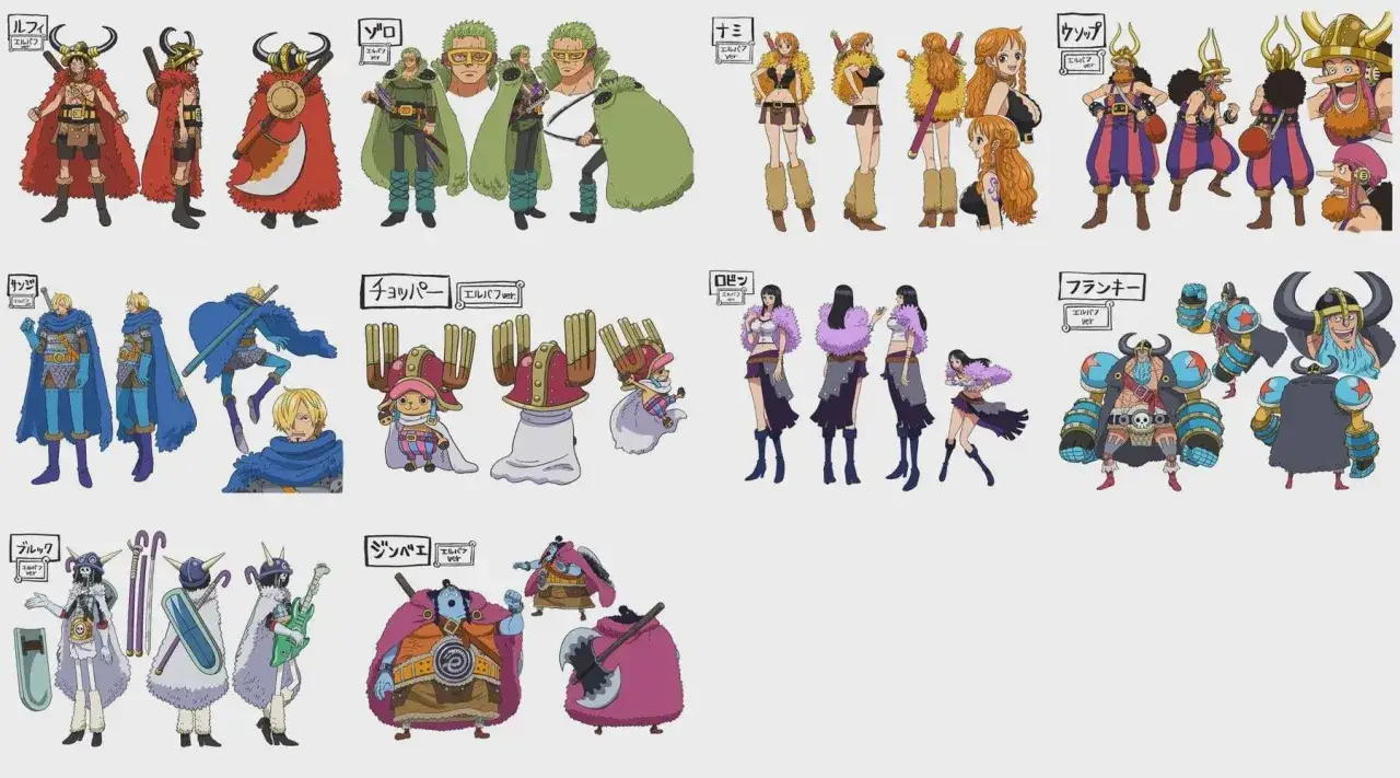 Die Strohhutpiraten in Elbaf-Kleidung: Luffy, Zoro, Nami, Usopp, Sanji, Chopper, Robin, Franky, Brook und Jinbe. Neue One Piece News!
