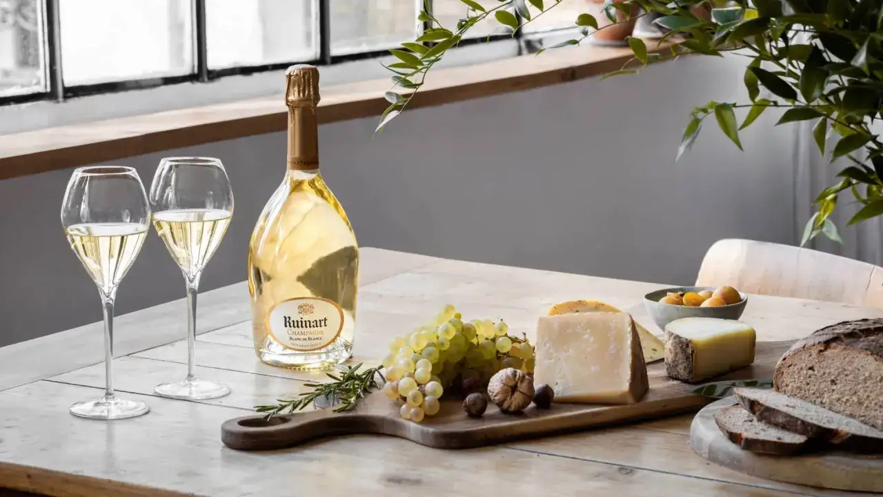 Una bottiglia di Ruinart Champagne Blanc de Blancs, due calici pieni, uva, formaggio e pane su un tavolo di legno.
