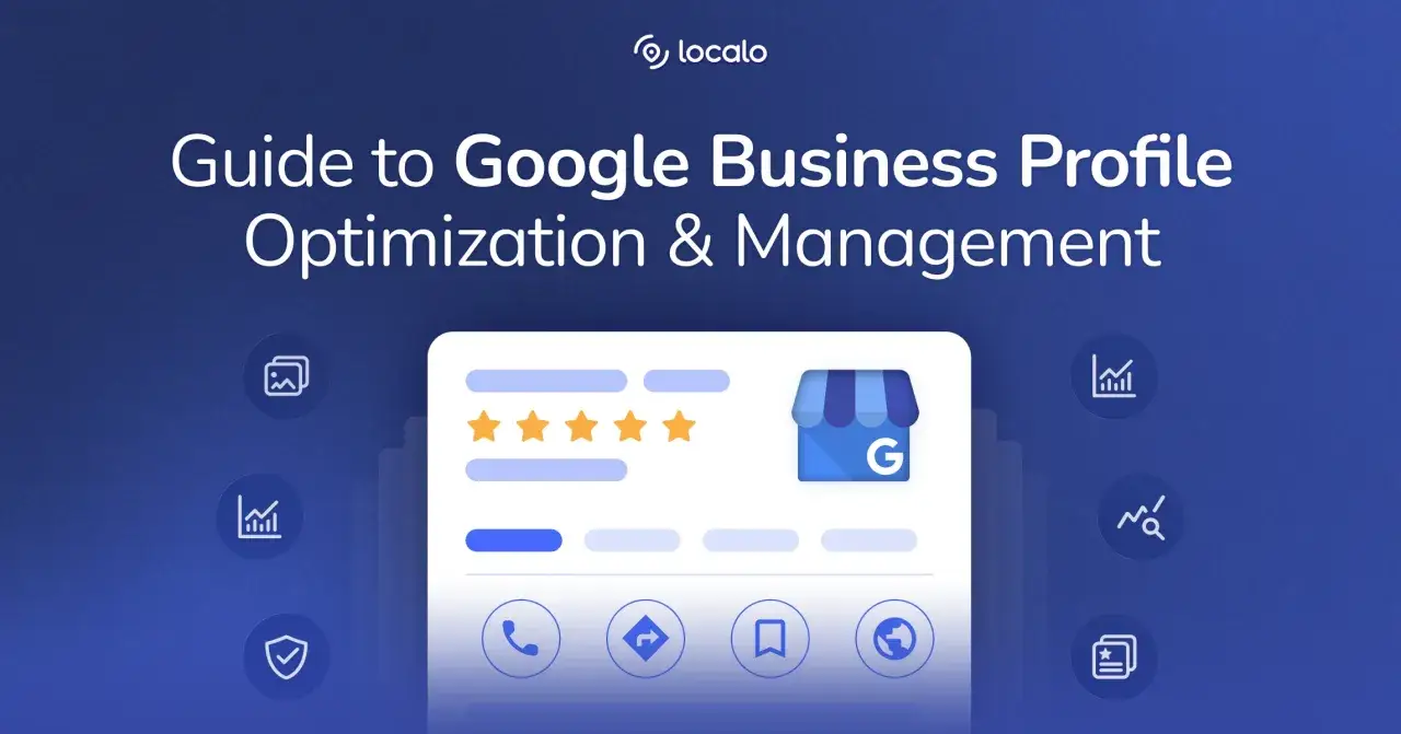 Guía para optimizar tu perfil de Google Business y aprender como hacer SEO local. Muestra un perfil de negocio con estrellas y el logo de Google.