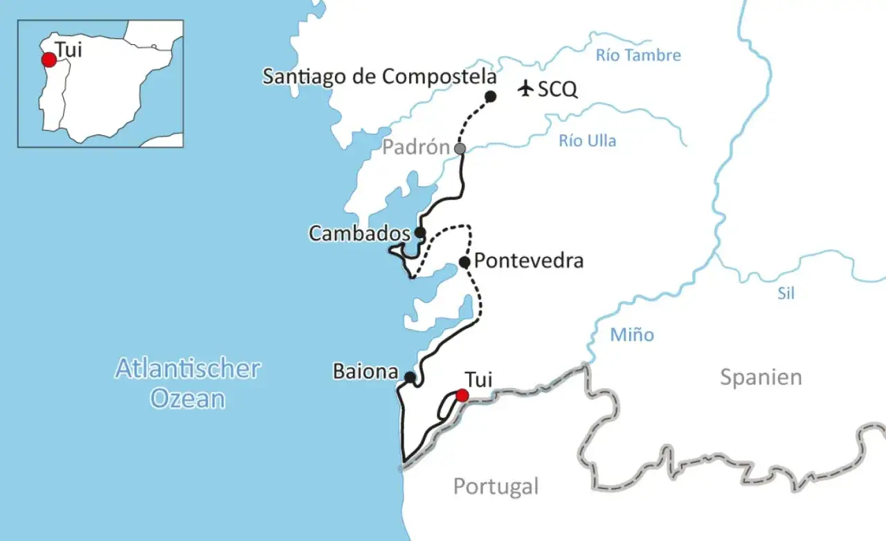 Map showing a route from Porto to Baiona, passing through Tui, Pontevedra, Cambados, Padrón, and Santiago de Compostela.