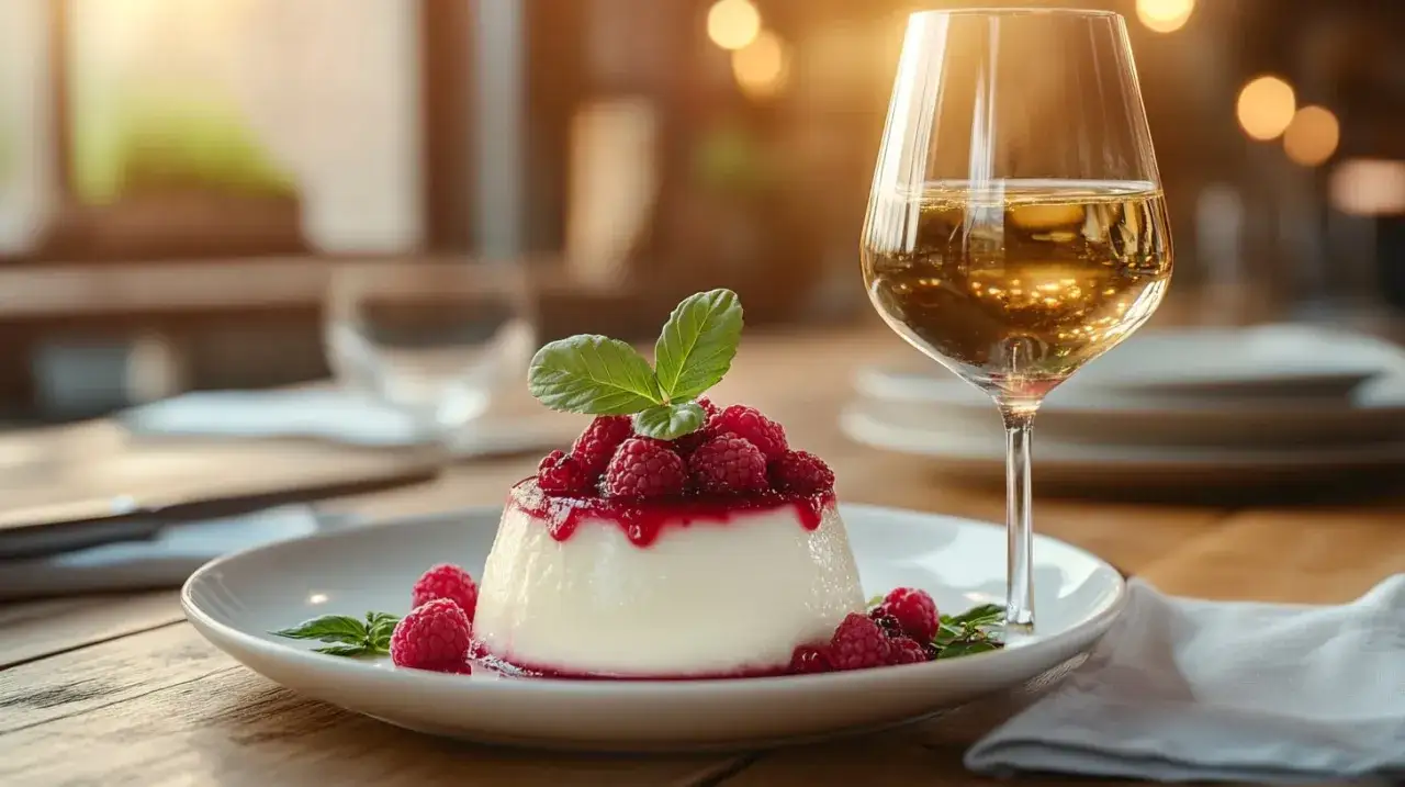 Panna cotta aux framboises, nappée de coulis et garnie de fruits frais, accompagnée d'un verre de vin de dessert doré.