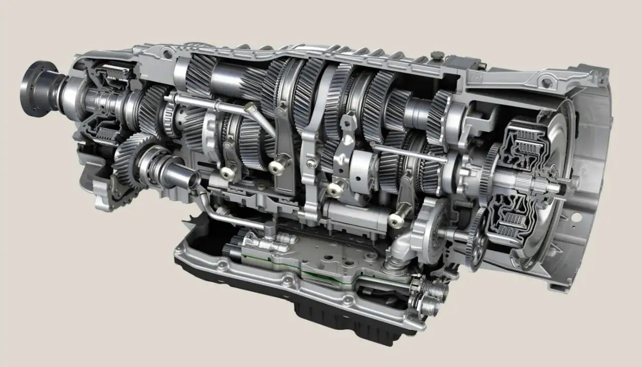 Corte transversal de una transmisi&oacute;n DSG de Volkswagen, mostrando su complejo sistema de engranajes y embragues.