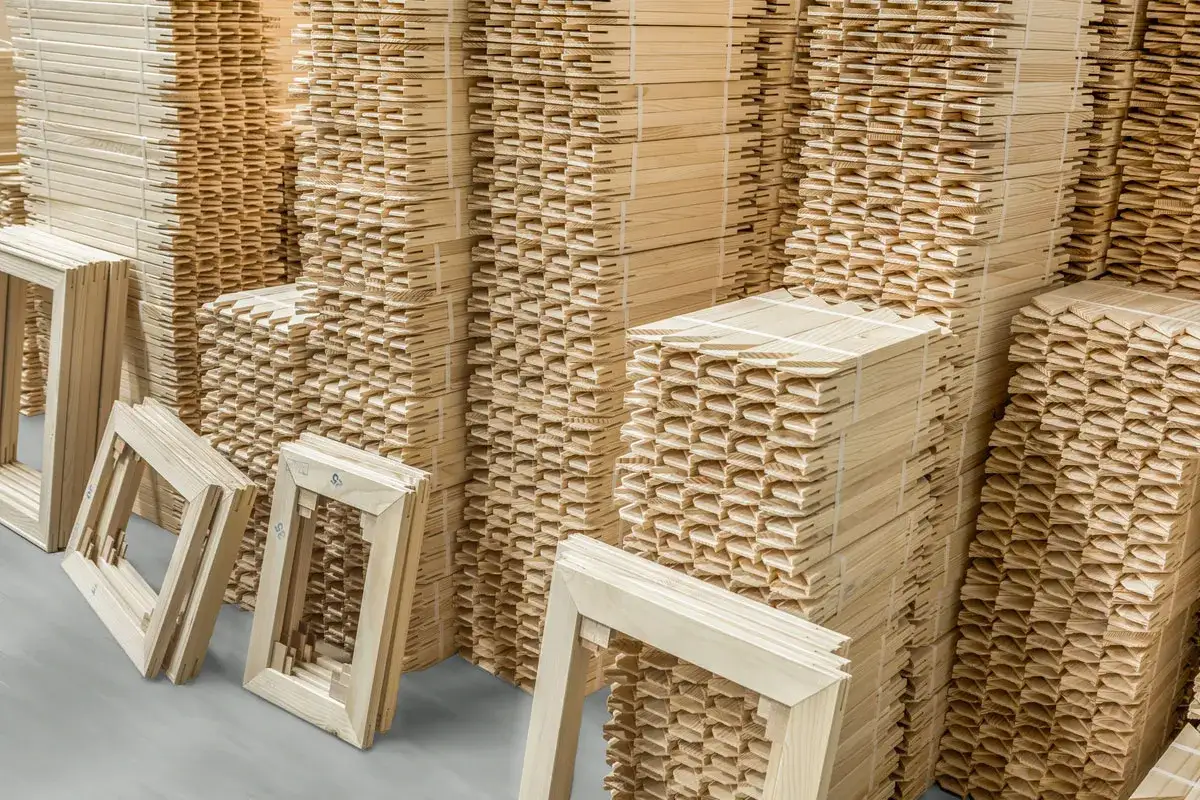 Des cadres en bois prêts à l'emploi, empilés avec des lots de matériel pour encadrement tableau.