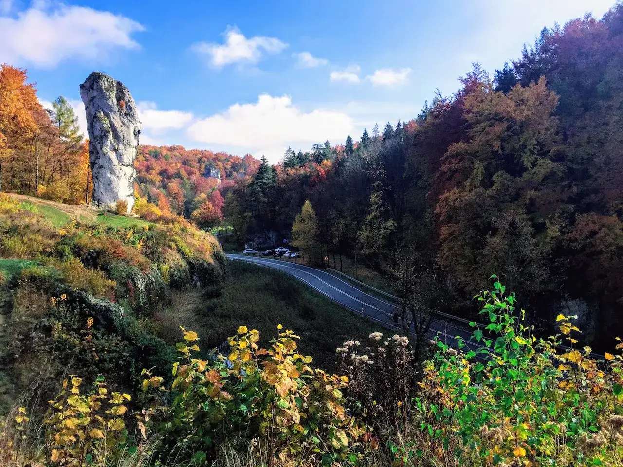 Ojcowski Park Narodowy: majestatyczna Maczuga Herkulesa góruje nad jesiennym krajobrazem. Droga wije się wśród kolorowych drzew.