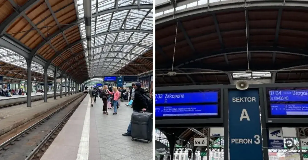 Dworzec z wiatą, perony, tablice informacyjne. Sprawdzam pociąg do Wrocławia, cena biletu jest przystępna.