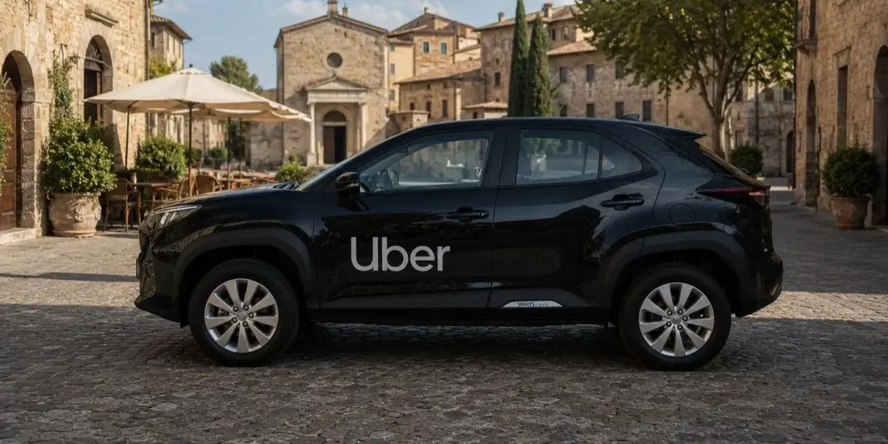 Auto nera con logo Uber parcheggiata in un borgo italiano. Un'opportunit&agrave; di uber lavoro in un contesto suggestivo.
