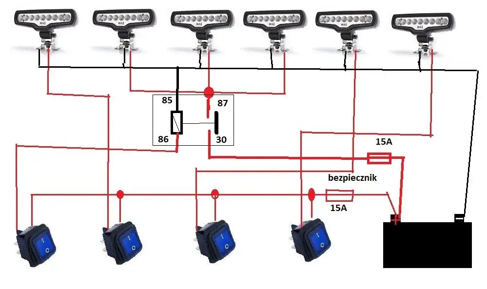 Schemat podłączenia lamp LED z przekaźnikiem i bezpiecznikiem w ciągniku
