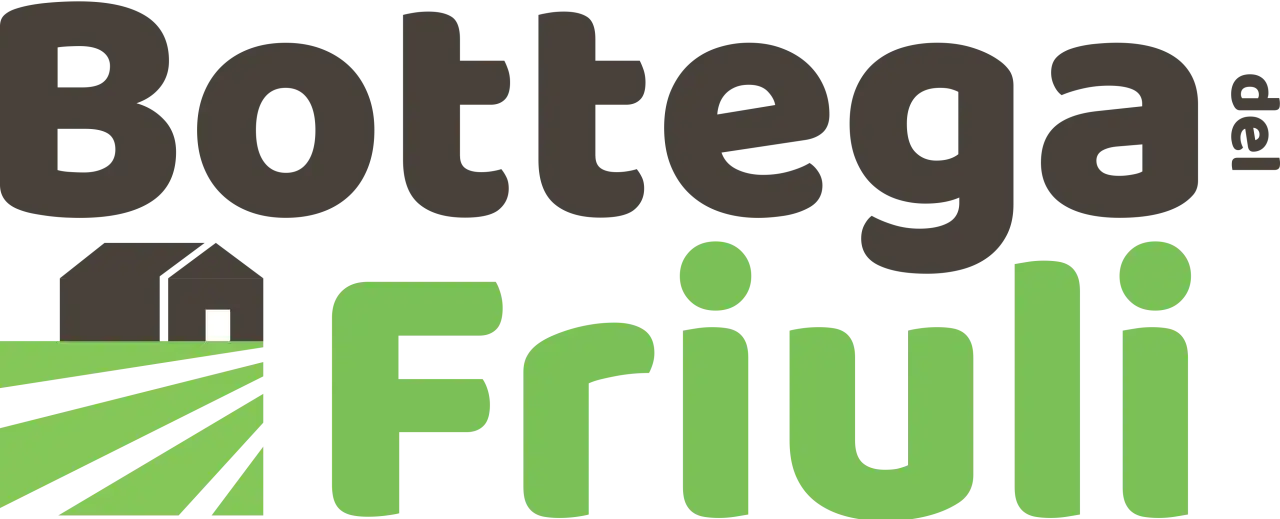 Bottega del Friuli: un logo che evoca prodotti artigianali Friuli Venezia Giulia, con una casa e campi verdi.