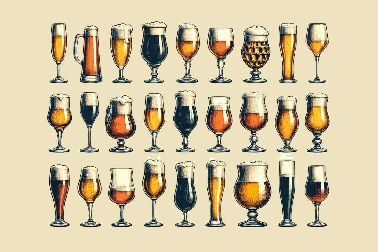 Vielfalt an Bierglas Arten: Von schlanken Tulpen bis zu bauchigen Kr&uuml;gen, jedes Glas pr&auml;sentiert das Bier anders.