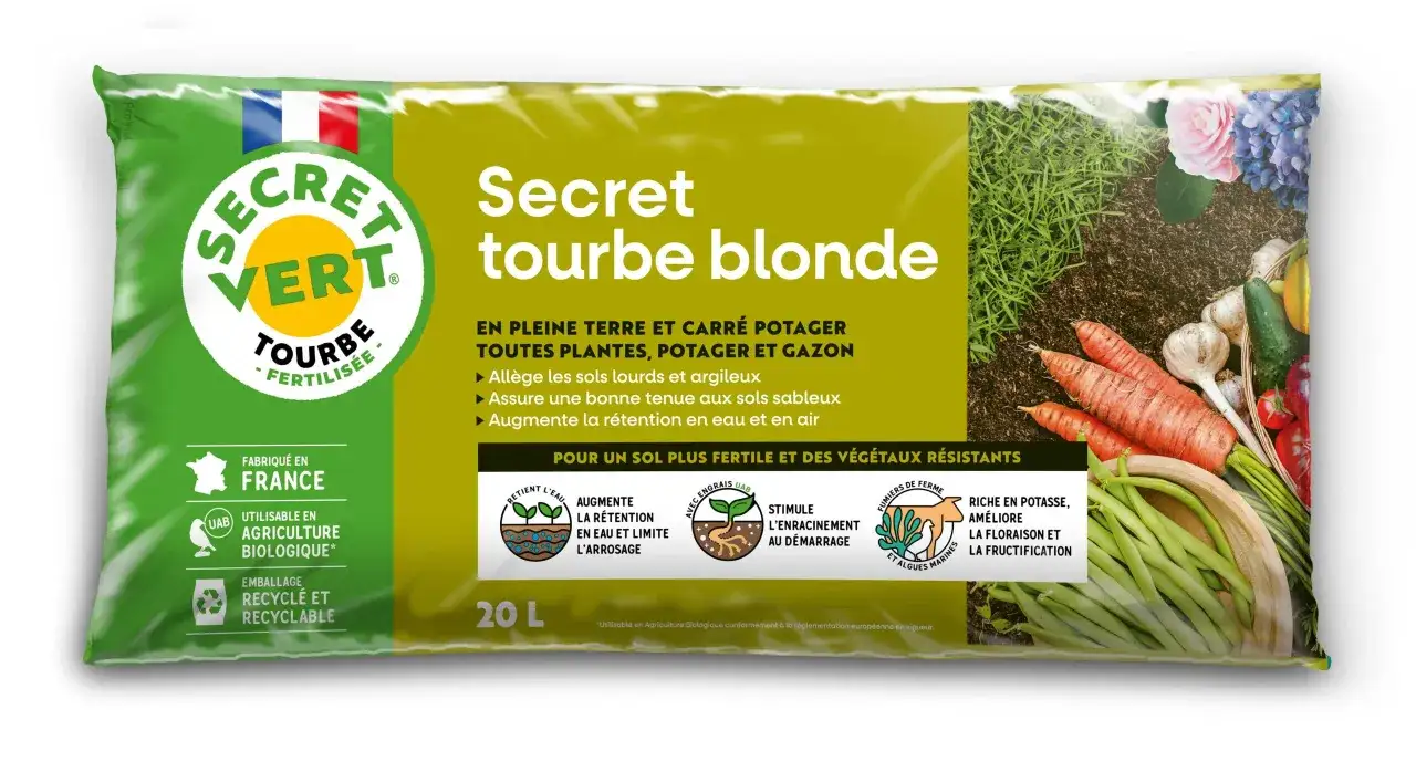 Sac de tourbe blonde Secret Vert, id&eacute;al pour potager et gazon. Am&eacute;liore la r&eacute;tention d'eau et la structure du sol pour une meilleure utilisation par les plantes.