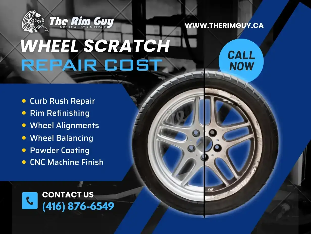 Before and after of a car wheel repair, showing a scratch being fixed. Services include rim refinishing and powder coating.