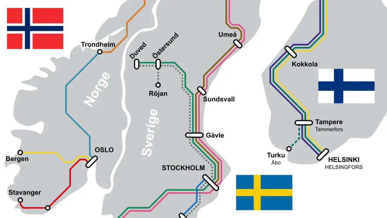 Karte zeigt Zugrouten in Skandinavien. Eine Linie verbindet Oslo mit Trondheim, eine andere f&uuml;hrt durch Schweden, z.B. nach Stockholm.
