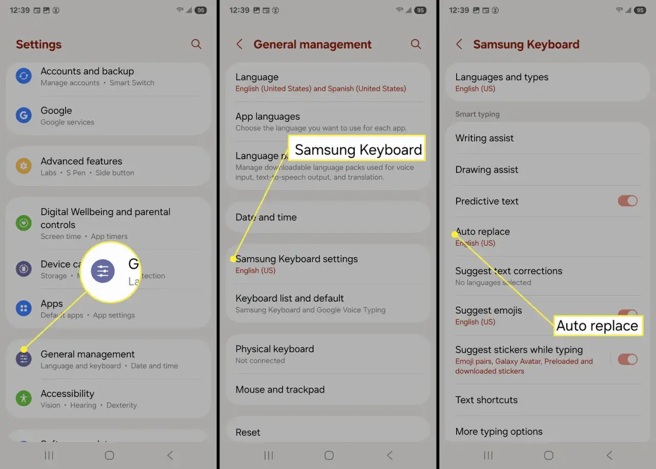 Jak włączyć autokorektę Samsung: Ustawienia > Ogólne zarządzanie > Klawiatura Samsung > Automatyczna zamiana.