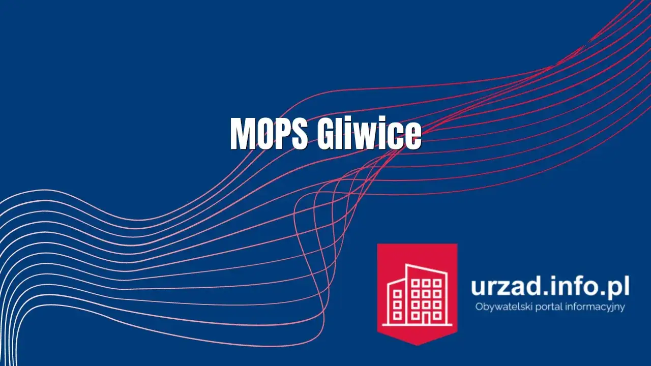 MOPS Gliwice - ośrodek pomocy społecznej. Logo urzędu i nazwa instytucji na tle abstrakcyjnych linii.