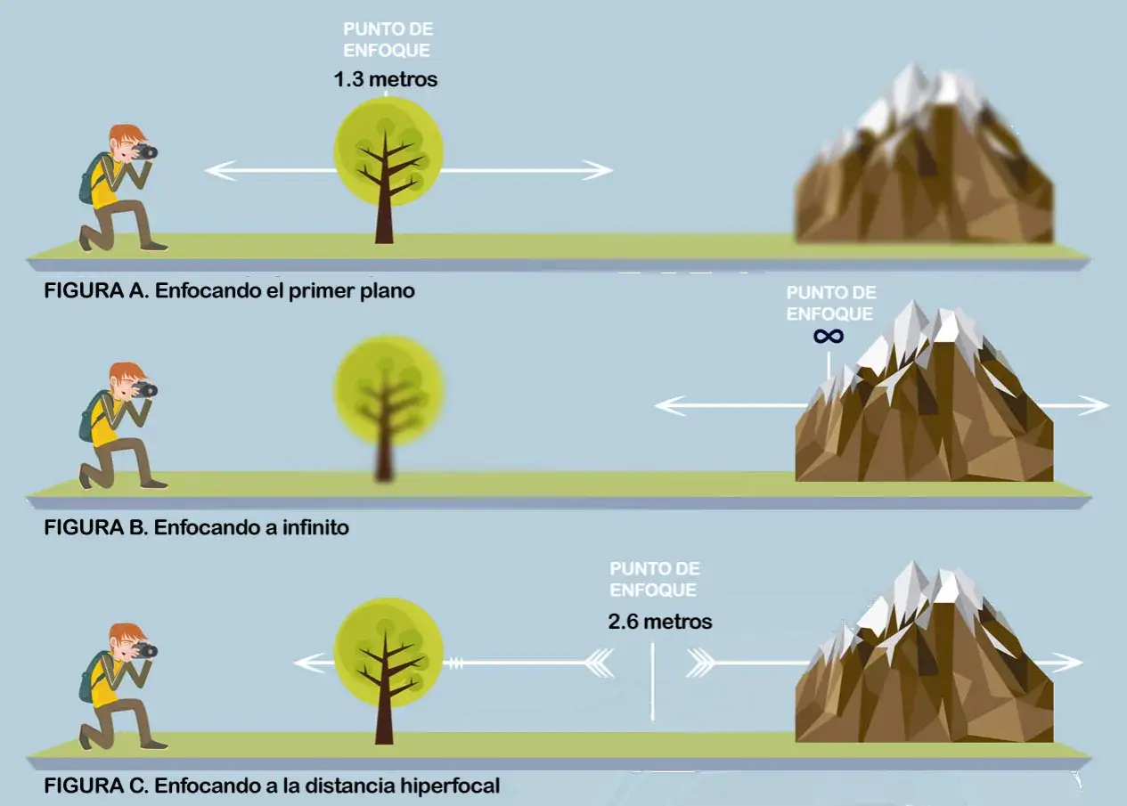 Ilustraci&oacute;n muestra c&oacute;mo enfocar un &aacute;rbol y una monta&ntilde;a. La figura C demuestra la distancia hiperfocal a 2.6 metros para tener todo n&iacute;tido.