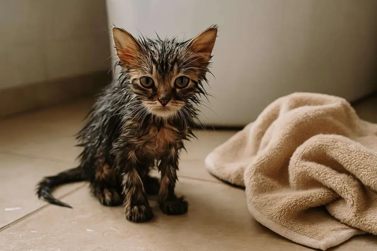 Un adorable chaton mouillé, l'air un peu perdu, est assis sur le carrelage à côté d'une serviette beige. Ses poils sont collés, lui donnant un air encore plus petit.