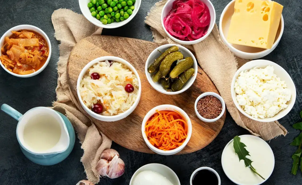 Vielfalt an fermentierten Lebensmitteln: Sauerkraut, Kimchi, eingelegte Zwiebeln, Gurken, K&auml;se, Quark, Joghurt, Erbsen, Karotten, Leinsamen, Knoblauch und Fl&uuml;ssigkeit. Gut f&uuml;r pr&auml;biotika probiotika.