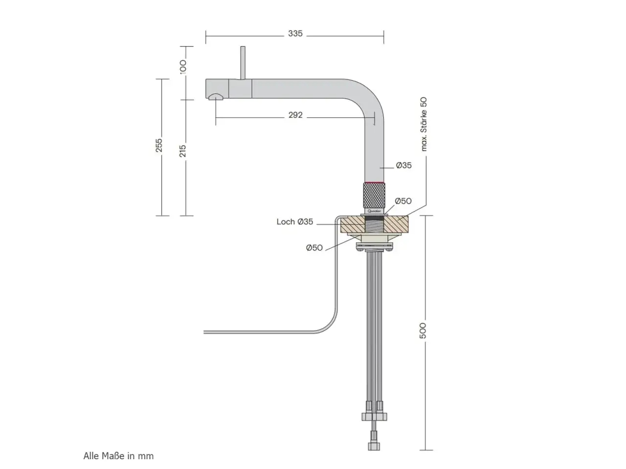 Technische Zeichnung eines Quookers mit Maßen. Sie zeigt, wie funktioniert Quooker: die Montage des Wasserhahns und der Anschlussrohre.