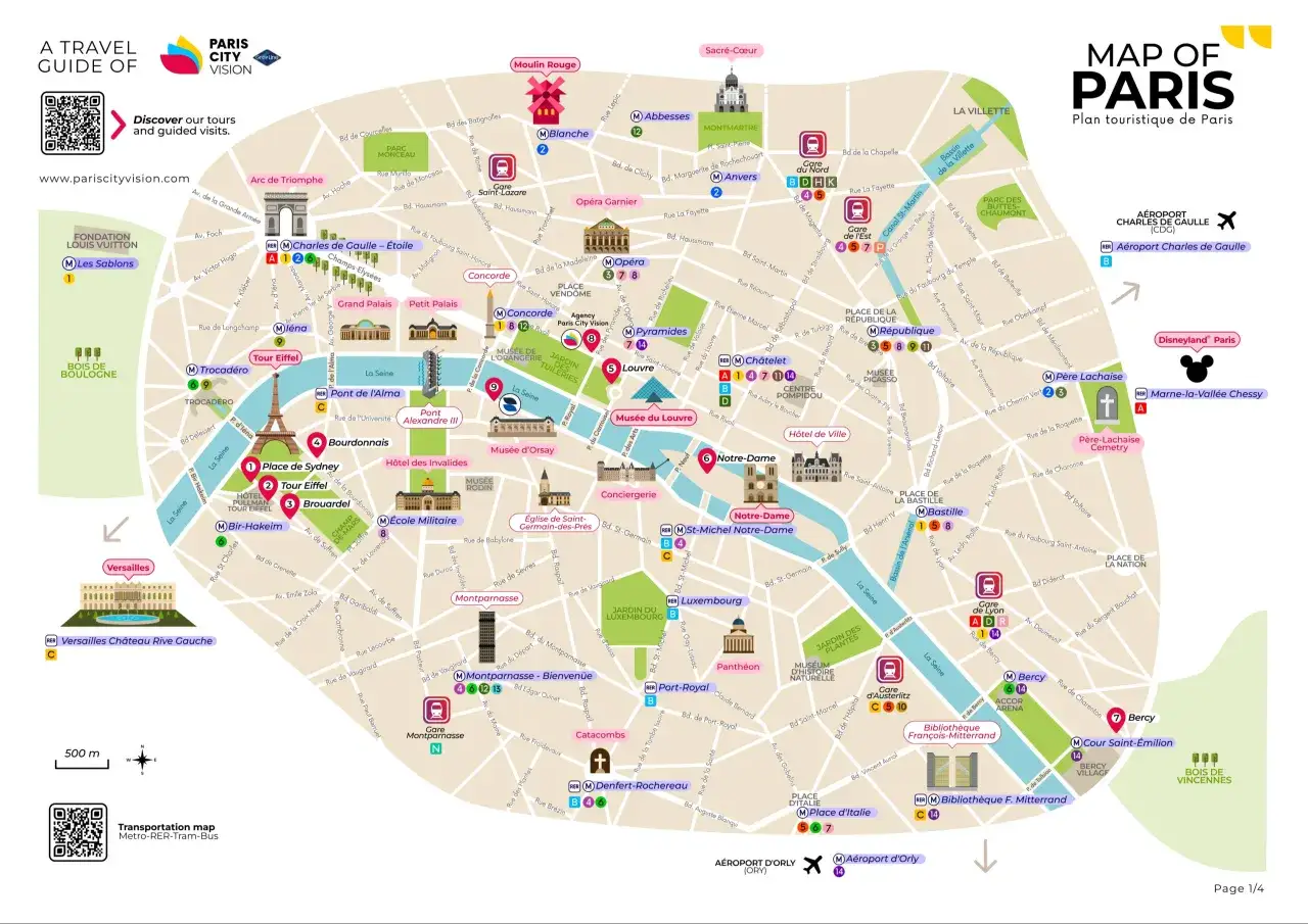 Carte touristique de Paris, idéale pour explorer le quartier latin et ses monuments emblématiques comme Notre-Dame.