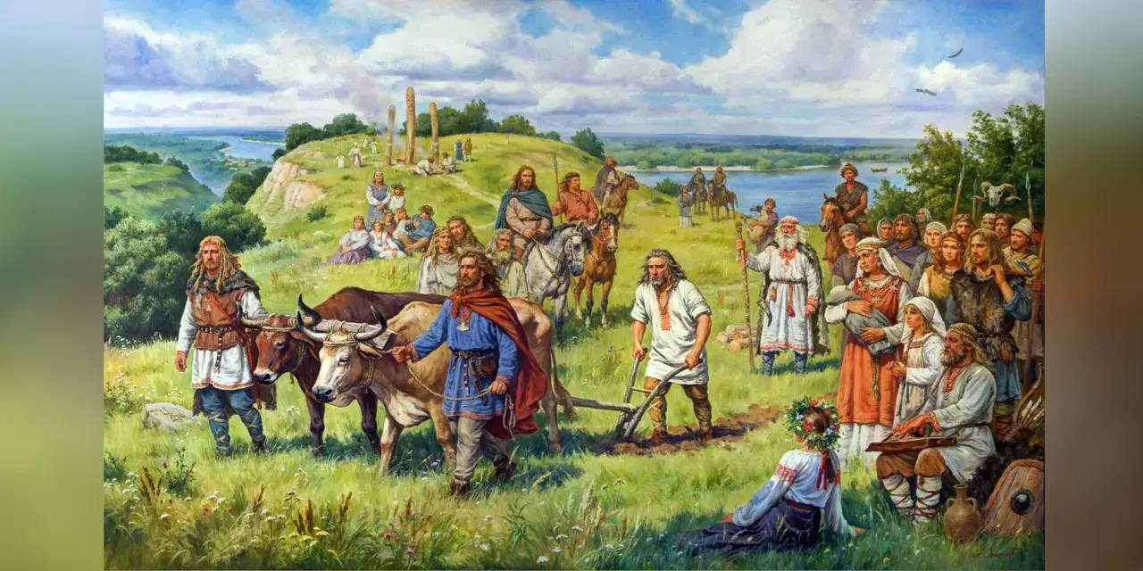 Scena z legendy o trzech braciach: ludność słowiańska w tradycyjnych strojach, orka, hodowla, konni jeźdźcy, święte kamienie.
