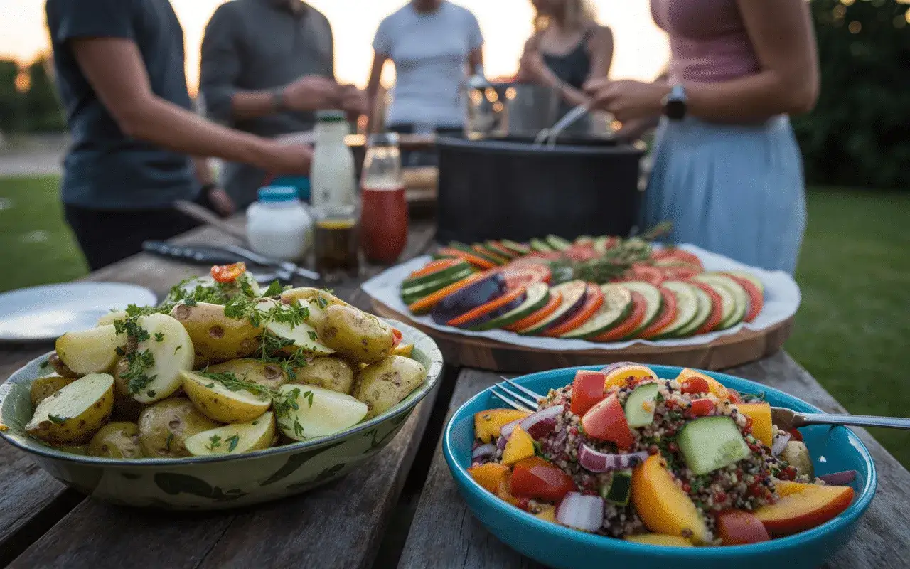 Un délicieux brunch barbecue en plein air. Des pommes de terre nouvelles, une salade colorée et des légumes grillés sur une table en bois.