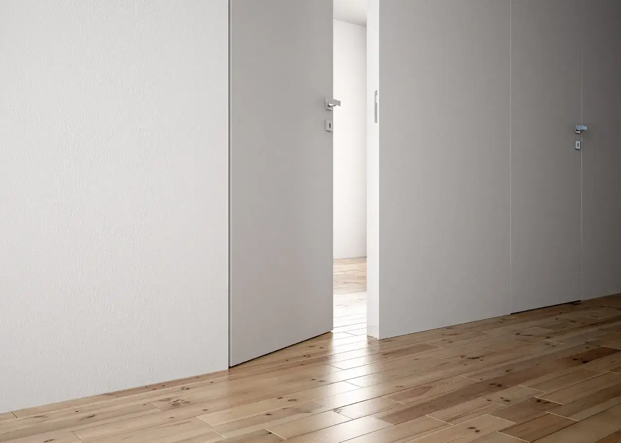 Parete di cartongesso con porta scorrevole aperta su un corridoio con parquet.