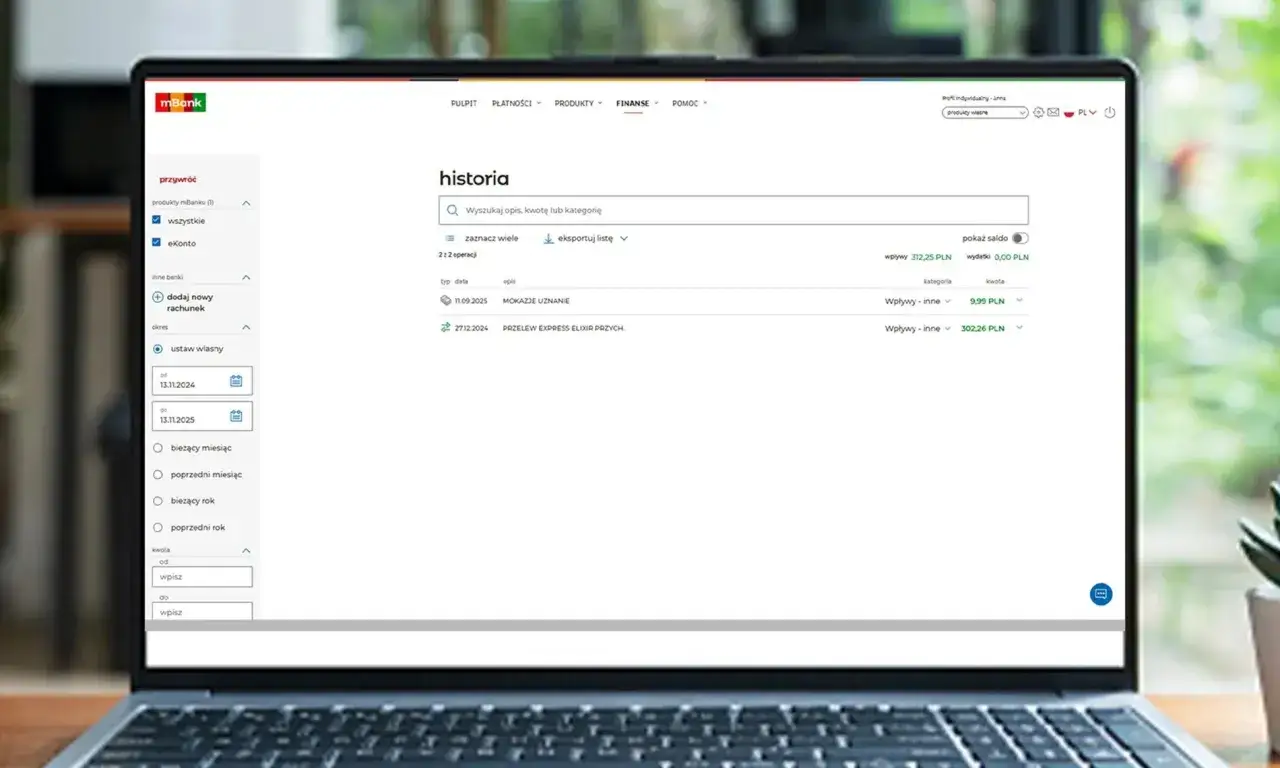 mBank historia operacji bankowość internetowa