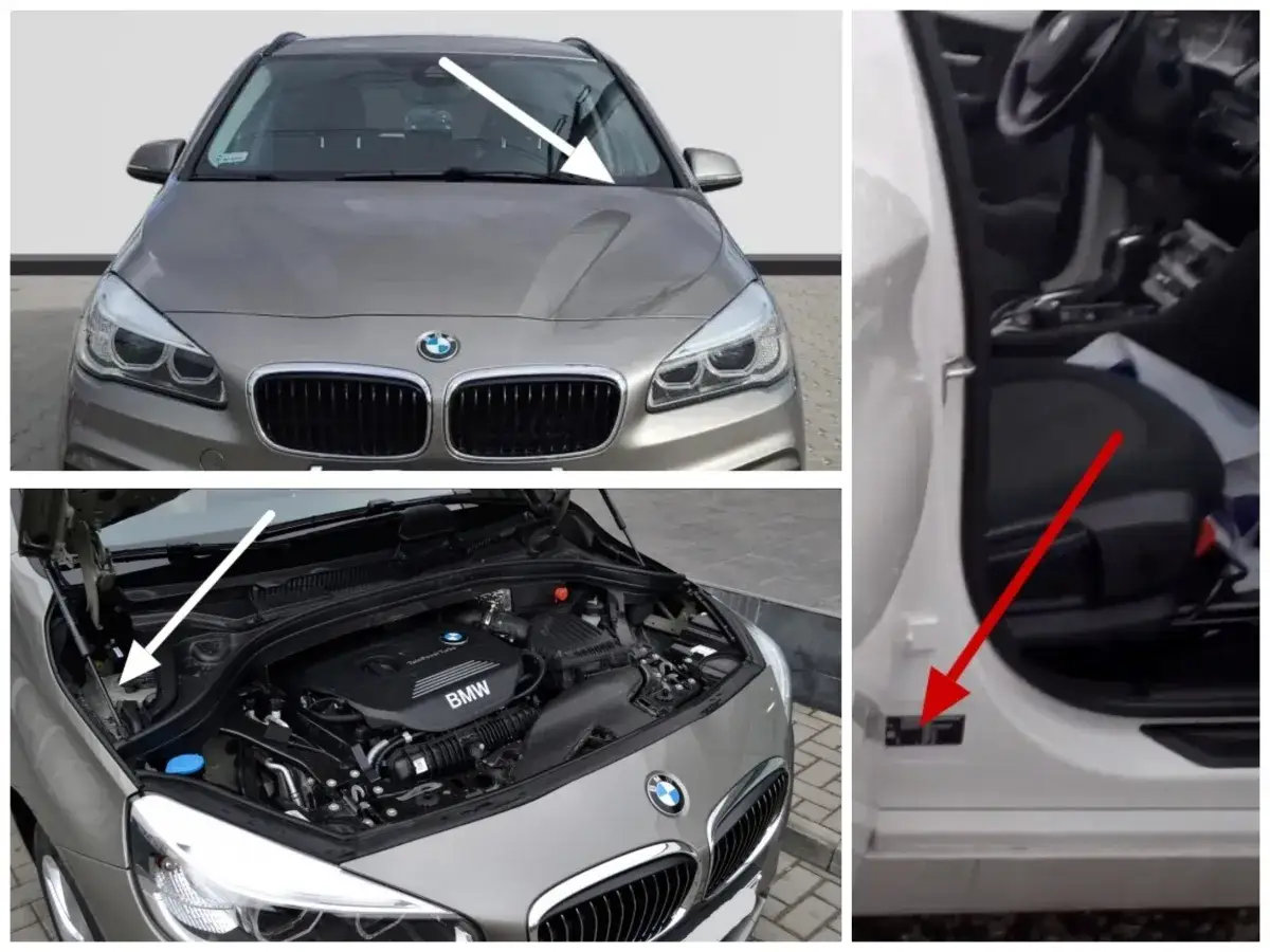 BMW z widocznym numerem VIN pod maską i na słupku drzwi. Pomocne przy rozkodowanie vin bmw.