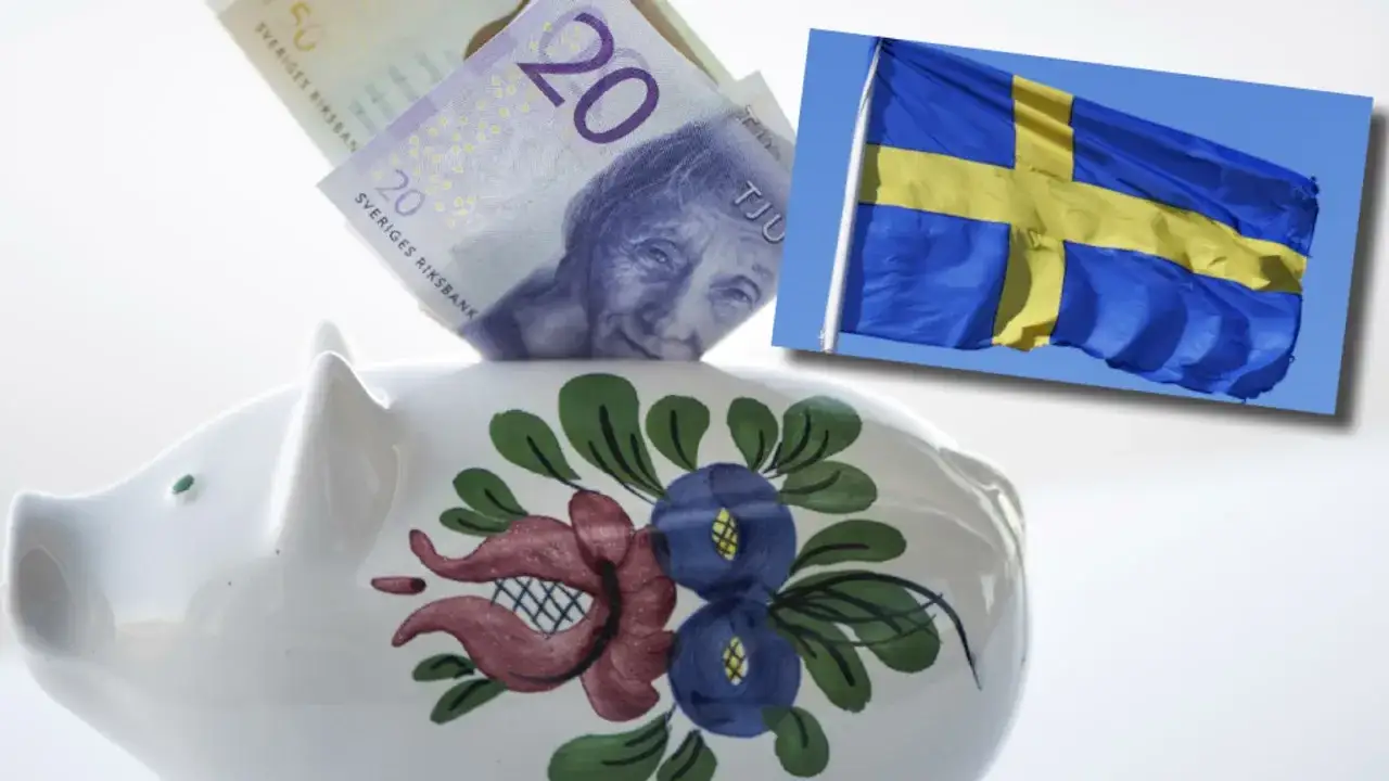 Spara pengar på nationaldagen! En spargris med svenska sedlar och en svensk flagga.