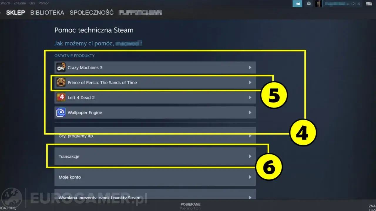 Pomoc techniczna Steam. Zobacz, po jakim czasie można zwrócić grę na Steam, klikając w 