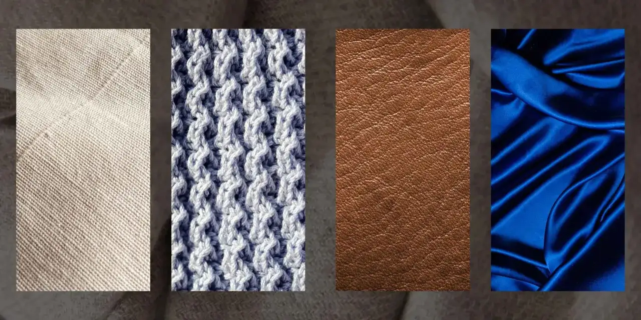 Un aper&ccedil;u de diff&eacute;rents types de tissu : lin, tricot bleu, cuir marron et satin bleu roi.