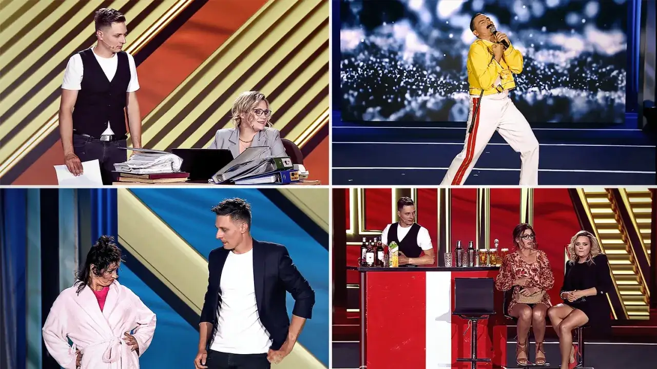 Polscy kabareciarze w różnych scenkach: mężczyzna z dokumentami, kobieta w szlafroku, wokalista w stroju Freddiego Mercury'ego i scena przy barze.