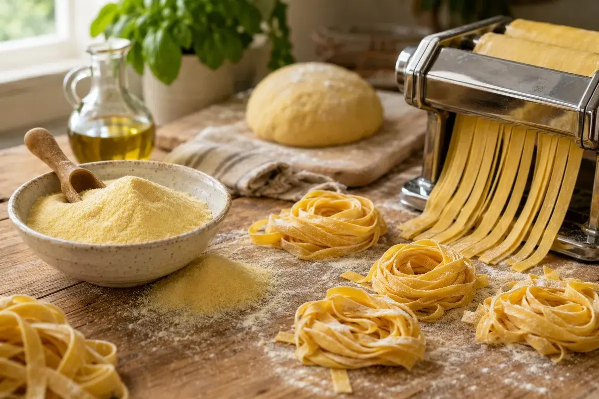Mąka semolina, z kt&oacute;rej powstaje świeży makaron, leży w misce obok gotowych tagliatelle i maszynki do makaronu.