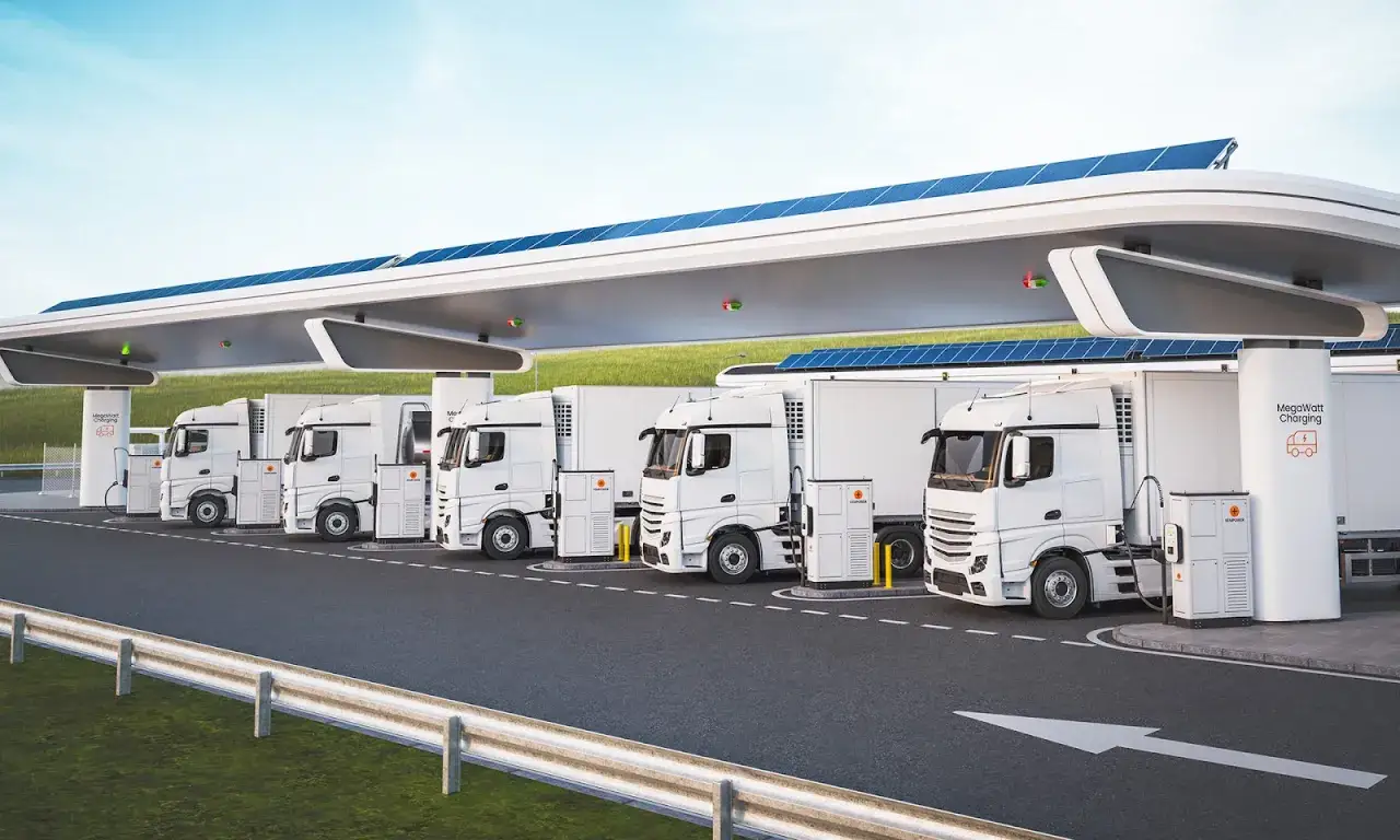 Rząd białych ciężarówek elektrycznych ładuje się pod zadaszeniem z panelami słonecznymi. To przyszłość transportu, gdzie zasięg nie jest problemem.