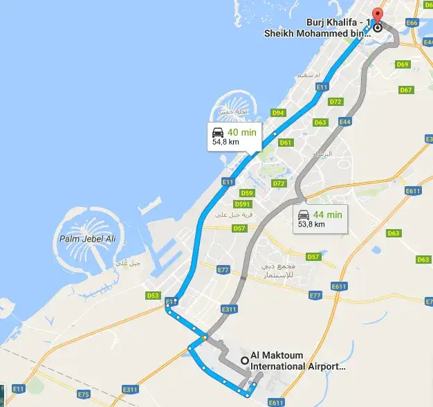 Mapa lotnisk Dubaj DXB DWC