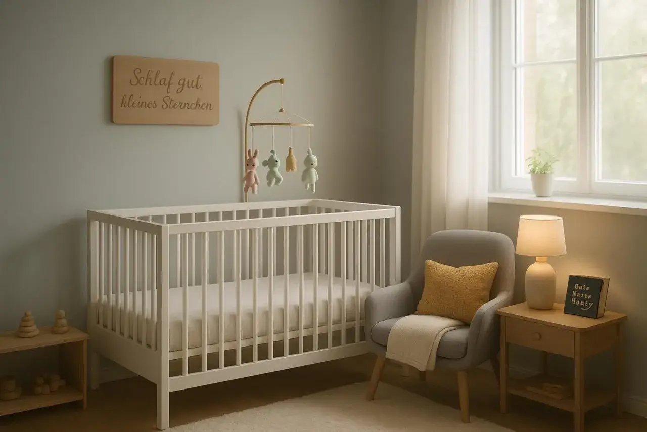Ein gemütliches Kinderzimmer mit neutraler Wandfarbe. Ein weißes Gitterbett, ein Sessel mit Kissen und eine Lampe auf einem Nachttisch schaffen eine beruhigende Atmosphäre.