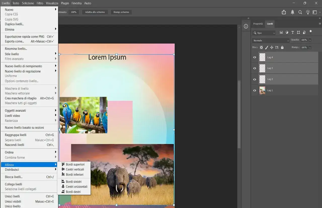 Menu Livello Photoshop: opzioni per unire livelli, allineare e distribuire elementi grafici, con immagini di pappagalli ed elefanti.