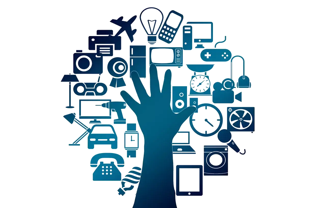 Dłoń wznosi się ku górze, otoczona przez ikony urządzeń, symbolizując inkluzywność i dostęp do technologii dla wszystkich.