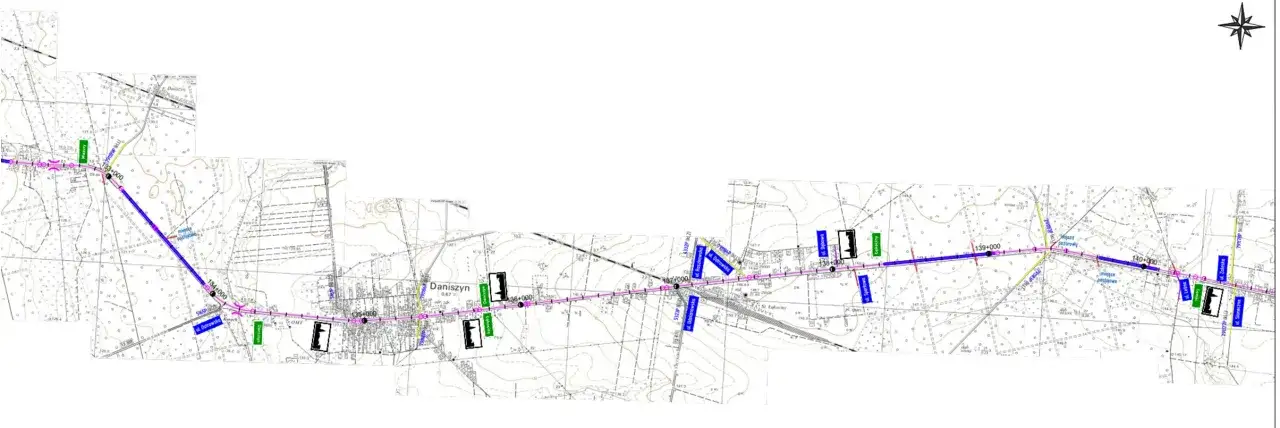 Mapa techniczna z przebiegiem linii kolejowej K1 Krotoszyn-Ostrów Wlkp. z zaznaczonymi punktami i nazwami ulic.